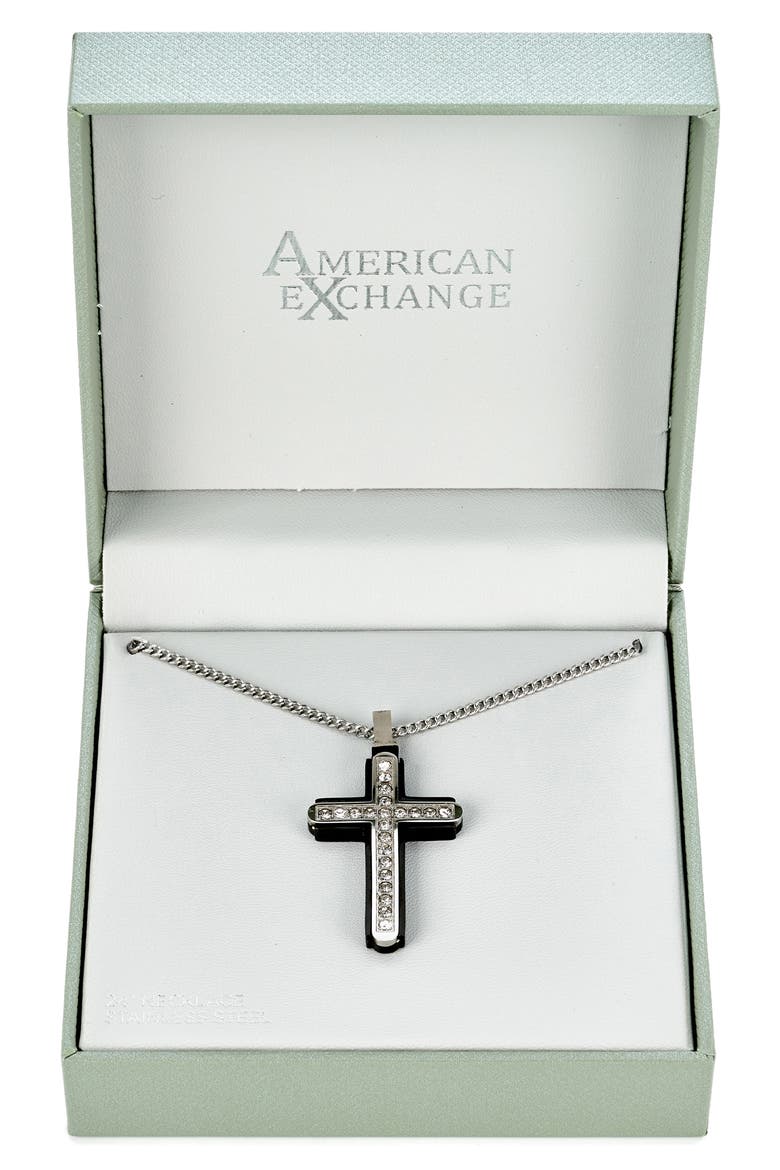 Men's Crystal Studded Cross Pendant Necklace, Main, color, SILVER/ BLACK