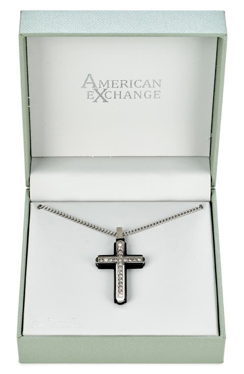 Men's Crystal Studded Cross Pendant Necklace
