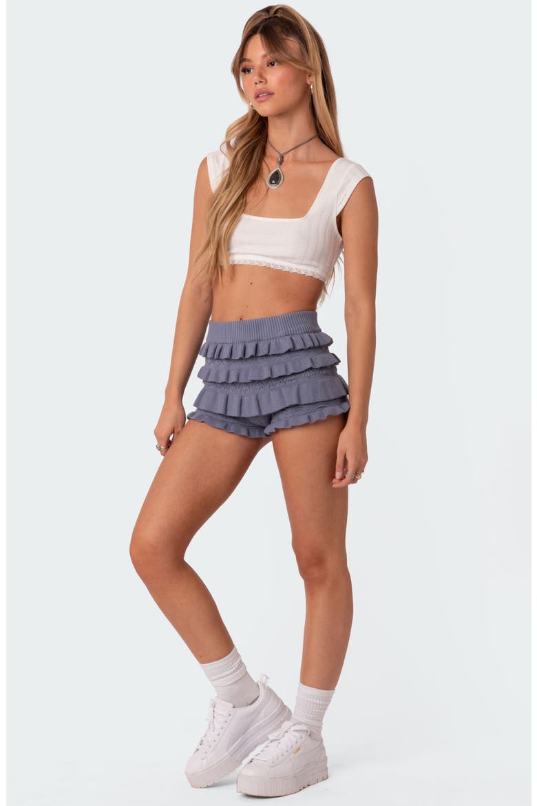 Lindsay Tiered Ruffle Cotton Knit Shorts, Alternate, color, BLUE