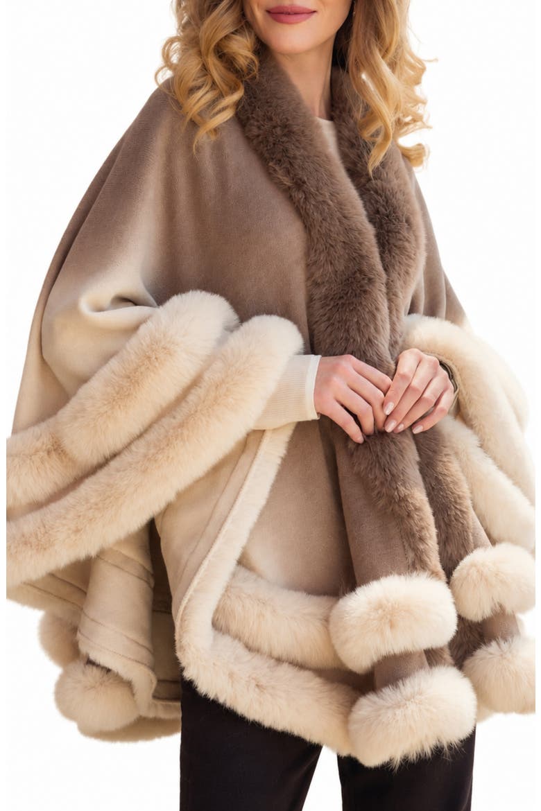 Ombre Faux Fur Trimmed Cape, Alternate, color, LIGHT BROWN