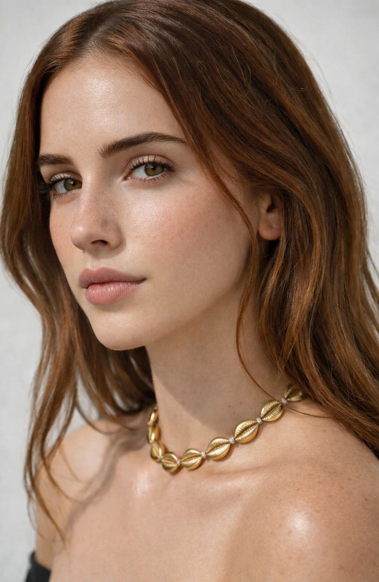 GABI RIELLE Cubic Zirconia Cowrie Shell Choker Necklace, Alternate, color, Gold