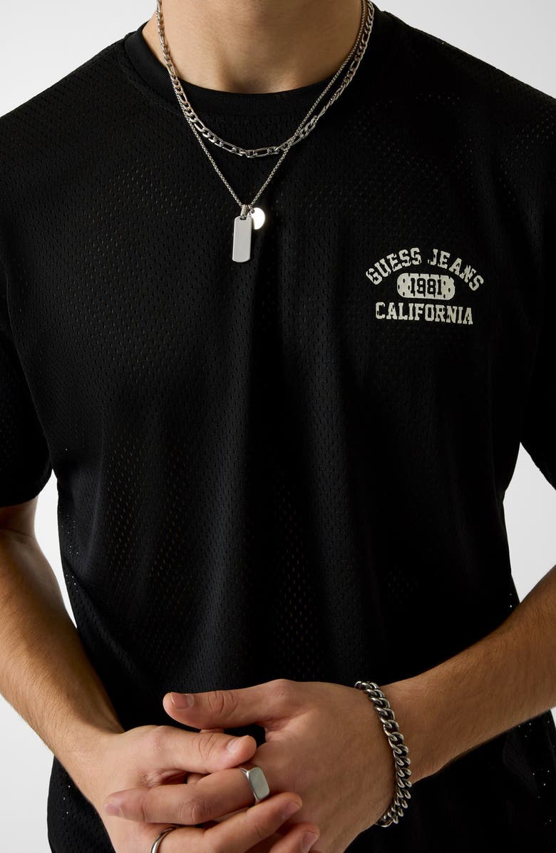 GUESS Logo Graphic Mesh T-Shirt, Alternate, color, Jblack-Black