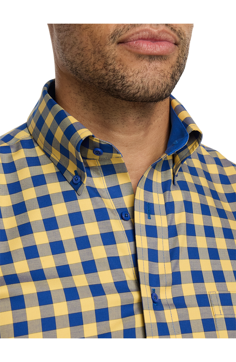 Paul Fredrick Tailored Fit Non-Iron Cotton Gingham Dress Shirt with Contrast Trim, Alternate, color, Blue/Yellow