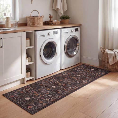 Jonathan Y Primrose Art Nouveau Floral Border Non-slip Machine-washable Area Rug In Taupe/multi