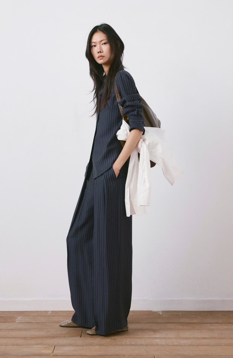 MANGO Pinstripe Wide Leg Pants, Alternate, color, Navy