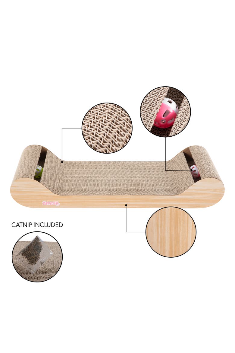 Rini Modern Cardboard Lounge Bed Cat Scratcher with Built-In Bell Toys and Catnip, Alternate, color, Oak Wood Finish