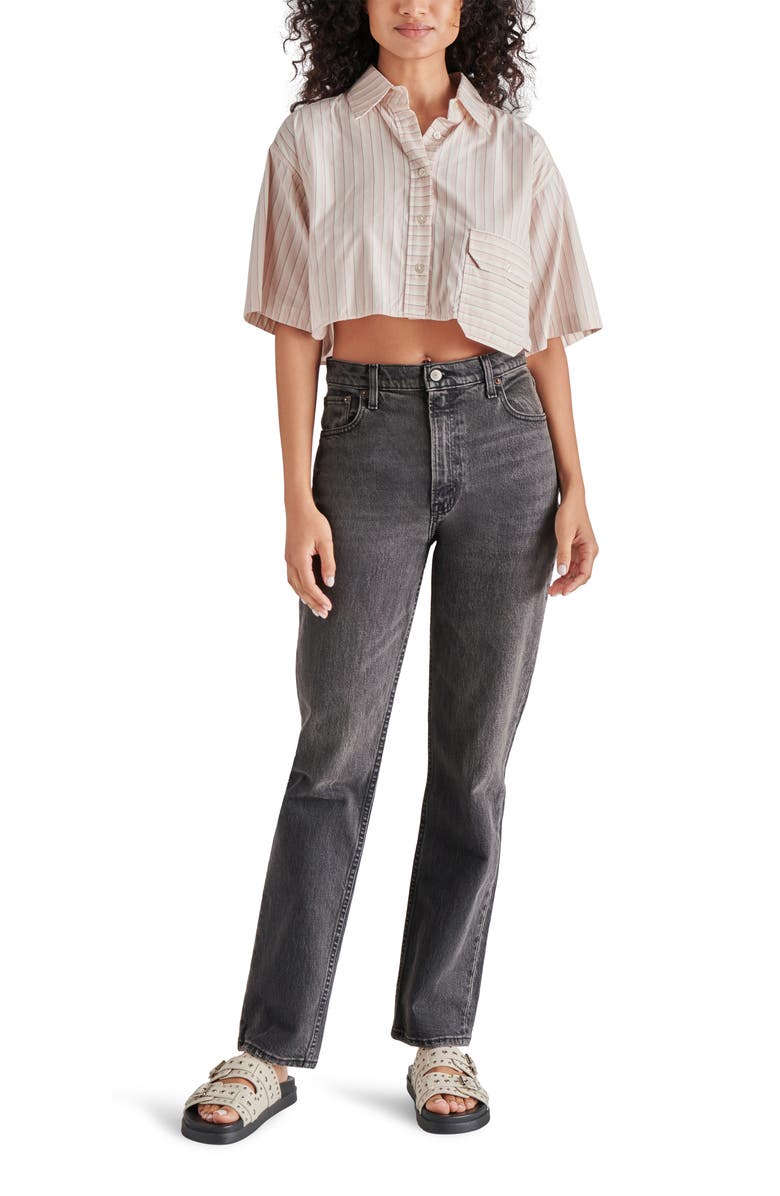 Steve Madden Tristan Stripe Oversize Crop Button-Up Shirt, Alternate, color,