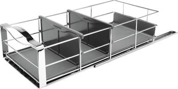 pull-out cabinet organizer, grey plastic with heavy-gauge steel frame