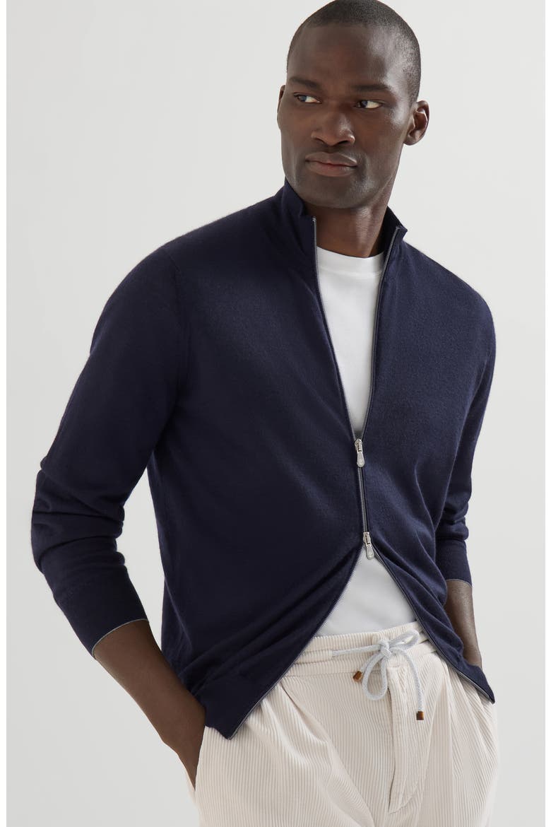 Cashmere and silk lightweight cardigan with zipper, Alternate, color, Navy Blue