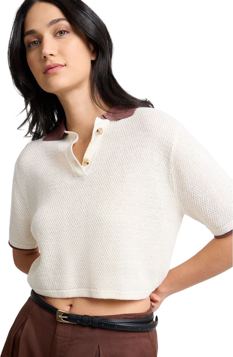 Onia Cropped Knit Polo, Alternate, color, Egret/Brown