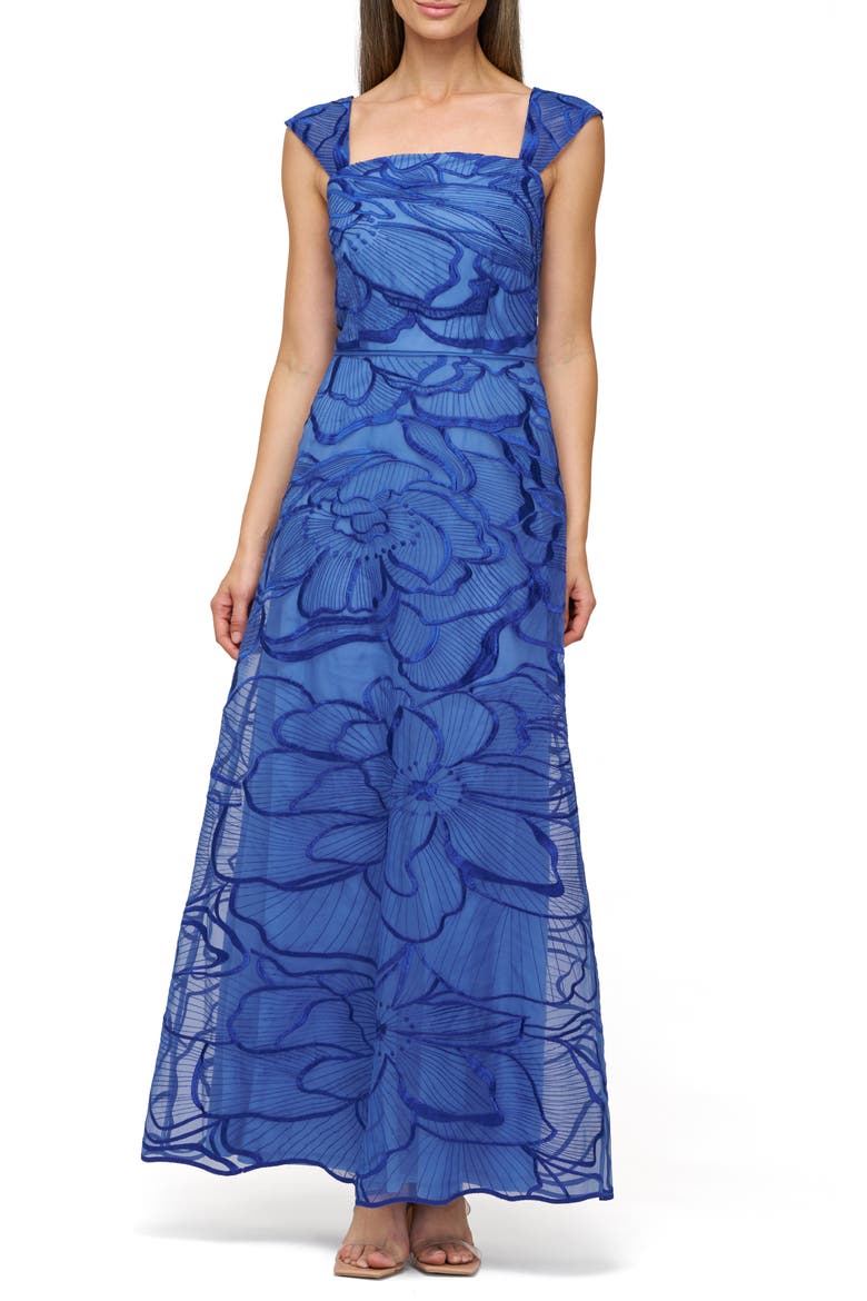 Odessa Floral Embroidery Gown, Main, color, SAPPHIRE