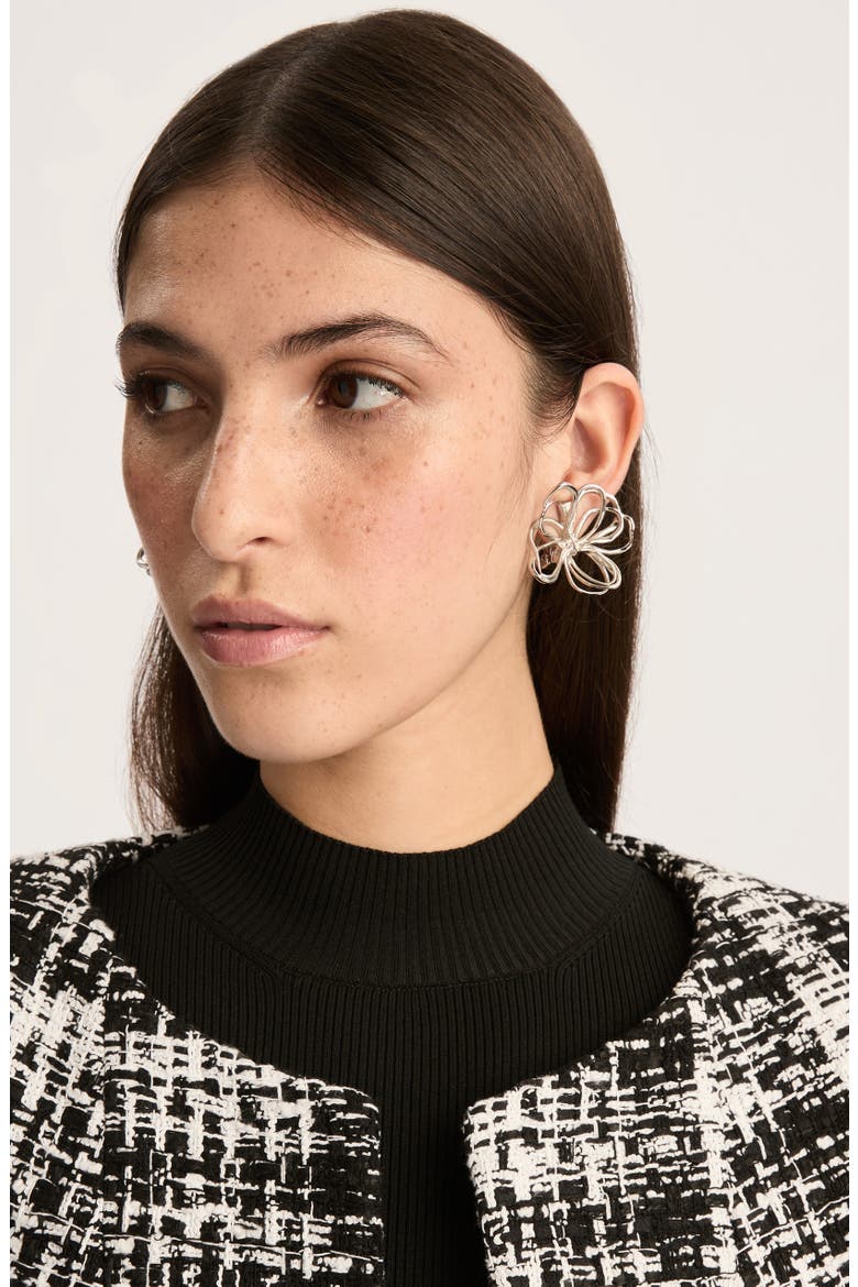 Wire Flower Stud Earrings, Alternate, color, SILVER
