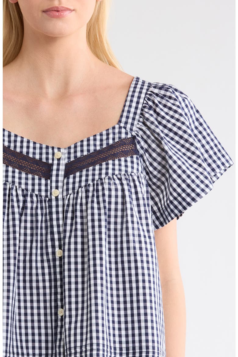 Lace Trim Cotton Poplin Pajamas, Alternate, color, NAVY PETITE GINGHAM