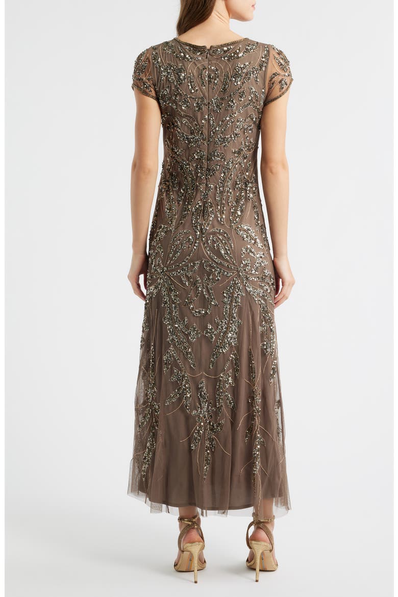 Beaded Mesh Midi Cocktail Dress, Alternate, color, MOCHA