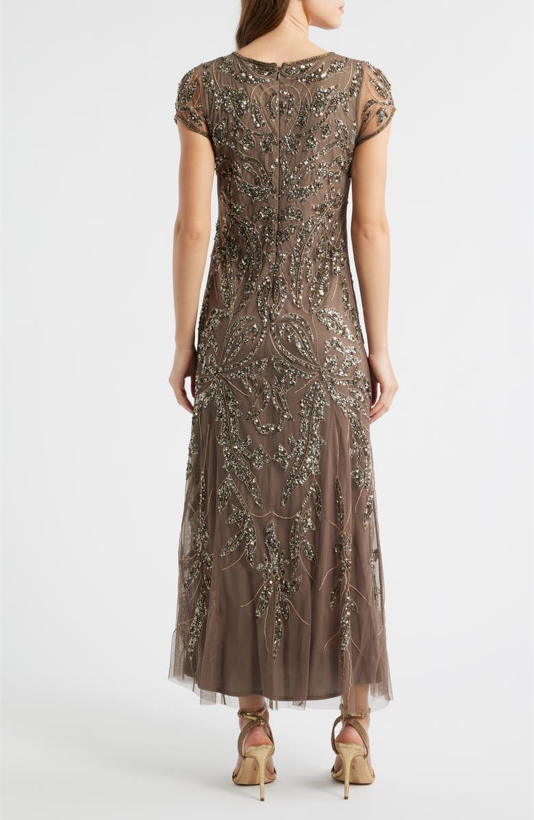 Pisarro Nights Beaded Mesh Midi Cocktail Dress, Alternate, color, Mocha