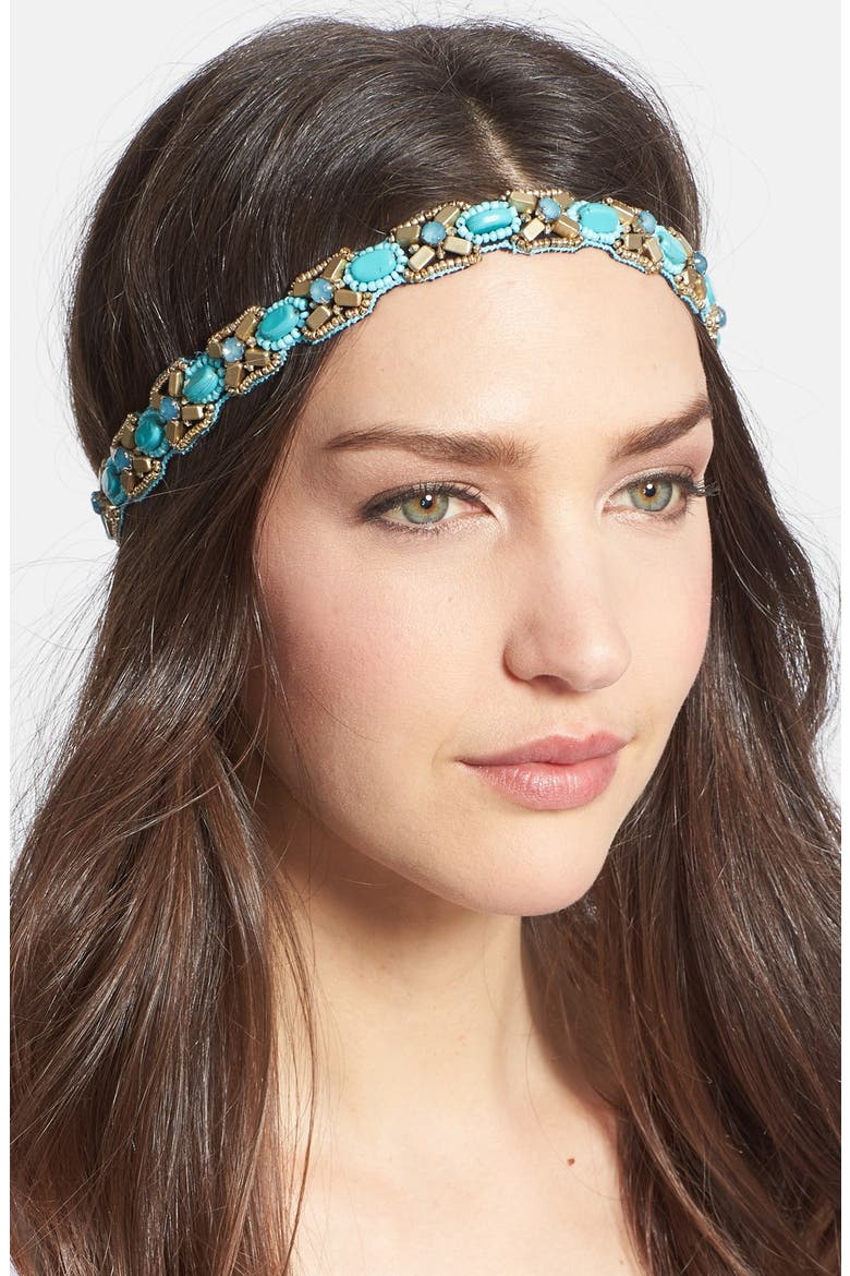 'Safari Luxe' Beaded Head Wrap, Main, color, TURQUOISE