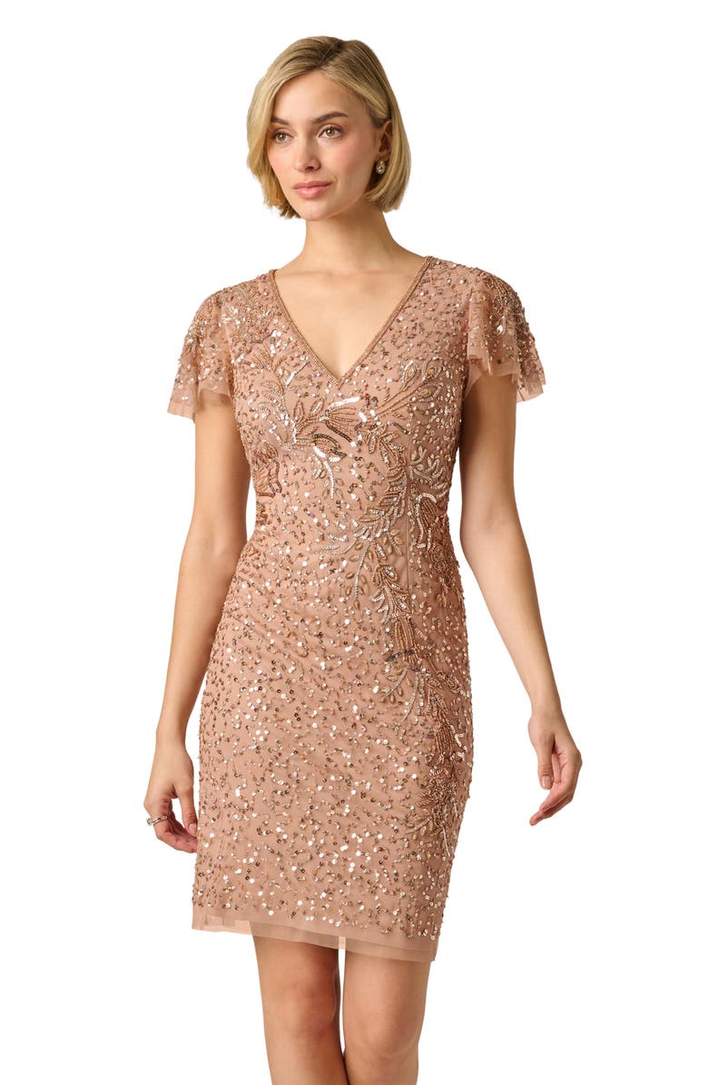 Adrianna Papell Beaded Sheath Cocktail Dress, Alternate, color, Rose Gold