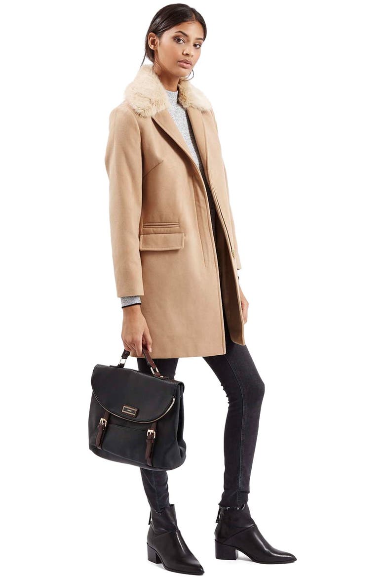 'Mia' Faux Fur Collar Slim Fit Coat, Alternate, color, CAMEL