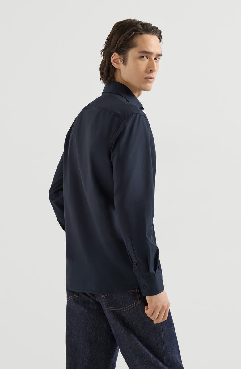 Brunello Cucinelli Garment-dyed twill  shirt with spread collar, Alternate, color, Navy Blue