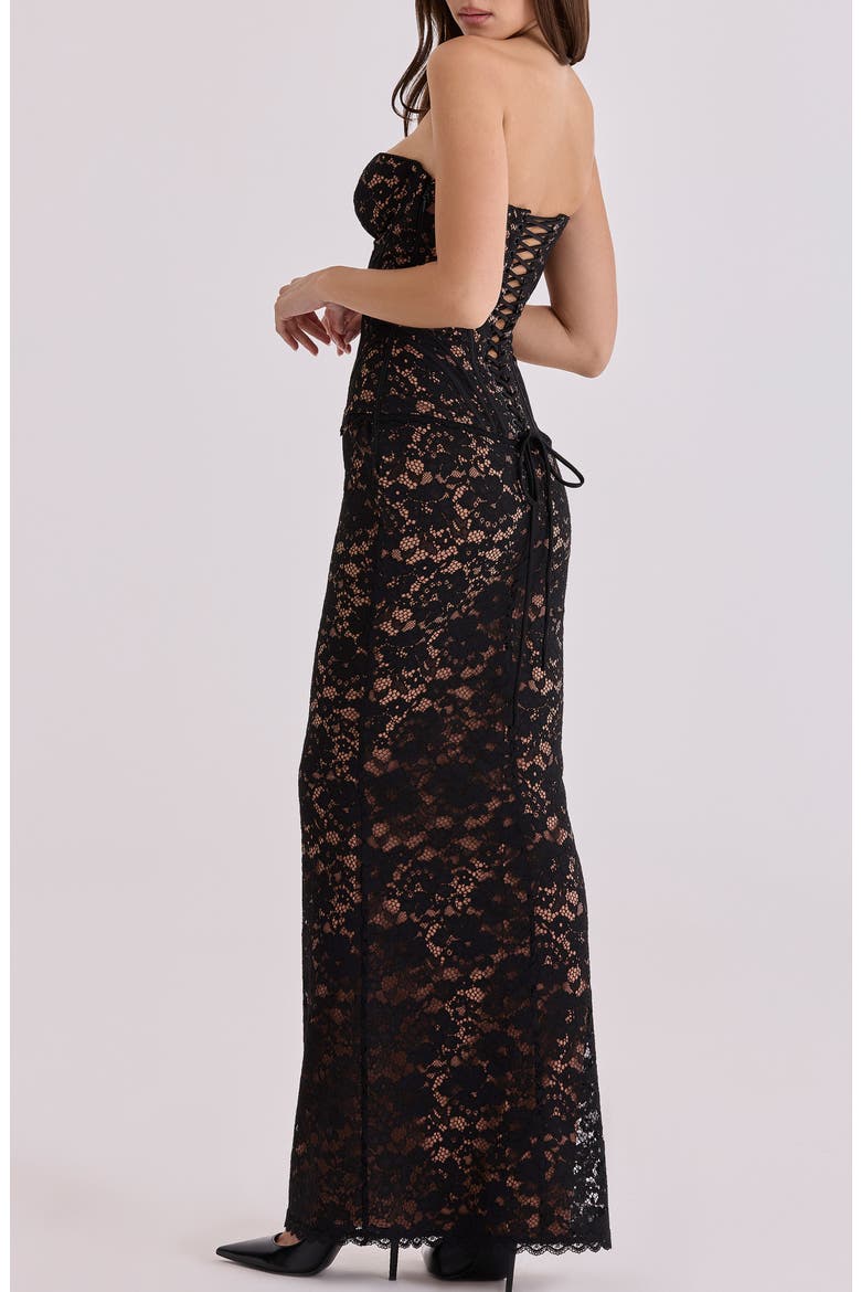 Solaine Lace-Up Strapless Lace Corset Gown, Alternate, color, BLACK AND BLUSH