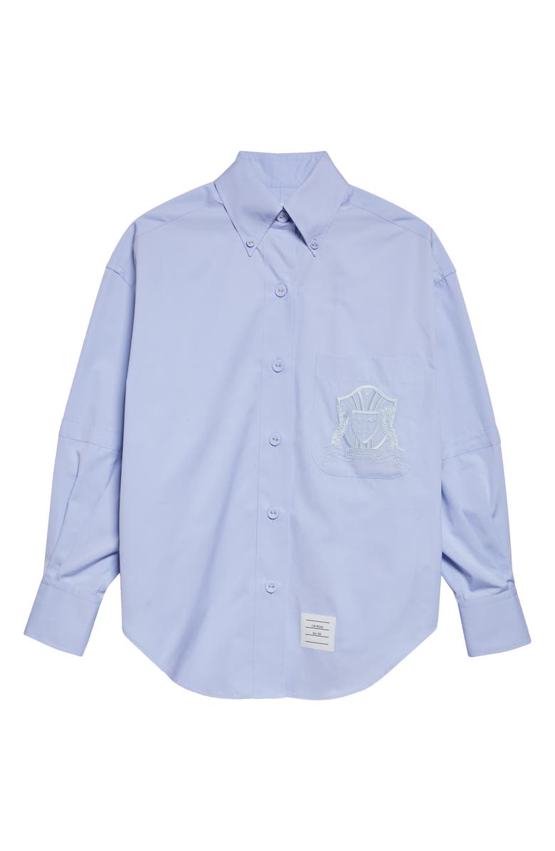 Thom Browne Crest Embroidered Oversize Cotton Poplin Button-Down Shirt, Main, color, Light Blue