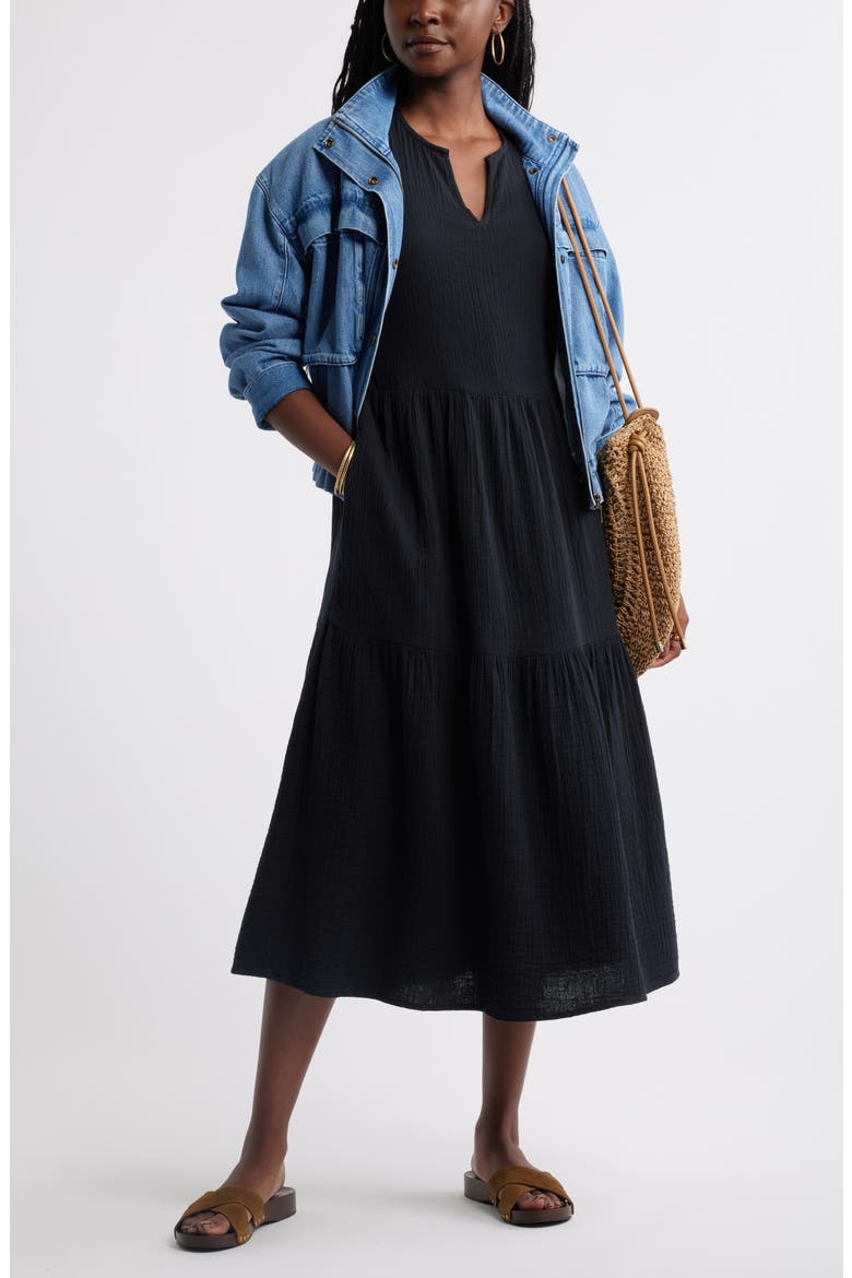 Puff Sleeve Tiered Cotton Gauze Midi Dress, Alternate, color, BLACK