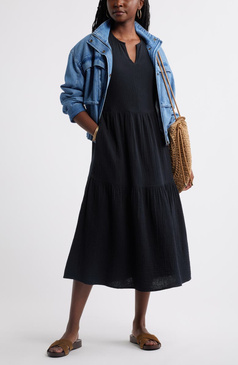 Caslon<sup>®</sup> Puff Sleeve Tiered Cotton Gauze Midi Dress, Alternate, color, Black