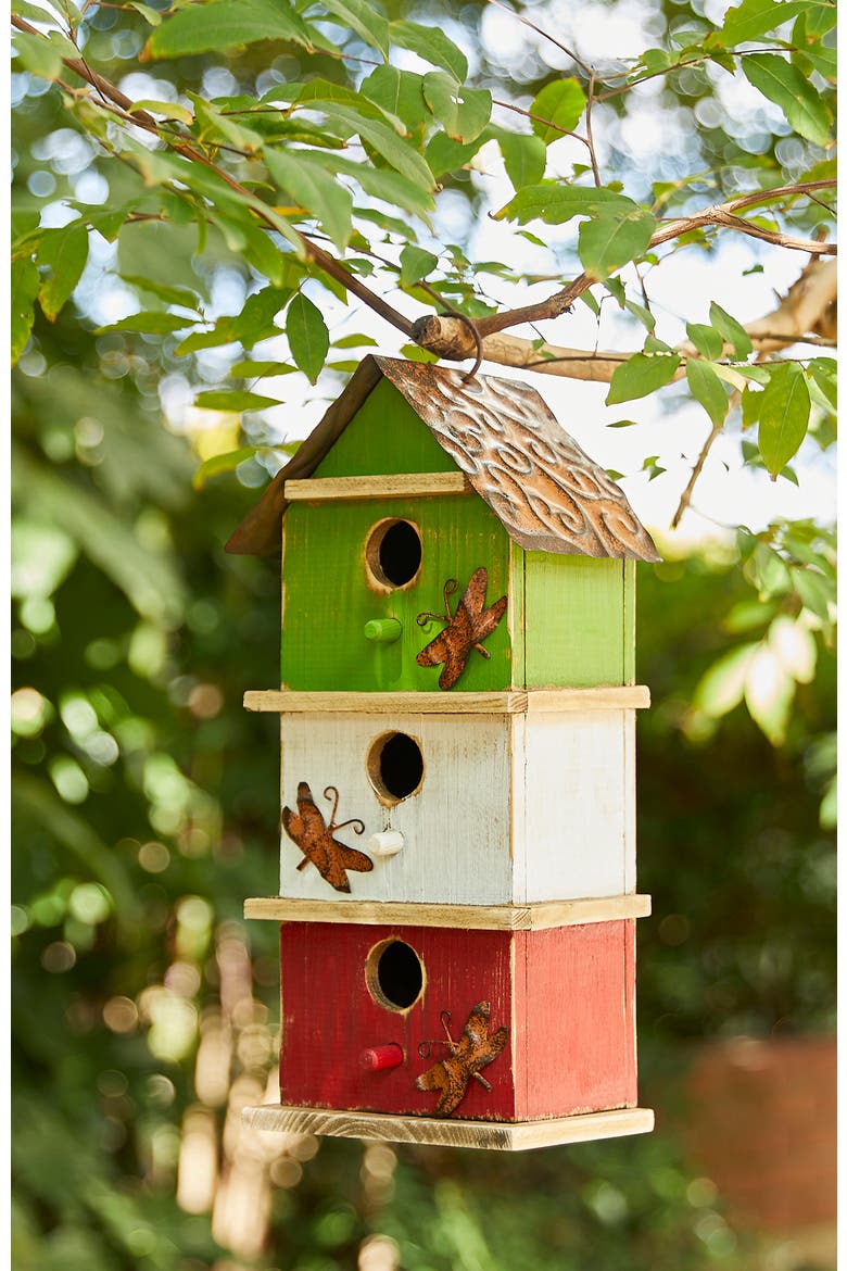13.75"H Multicolored Three-Tiered Distressed Solid Wood Birdhouse, Alternate, color, Green