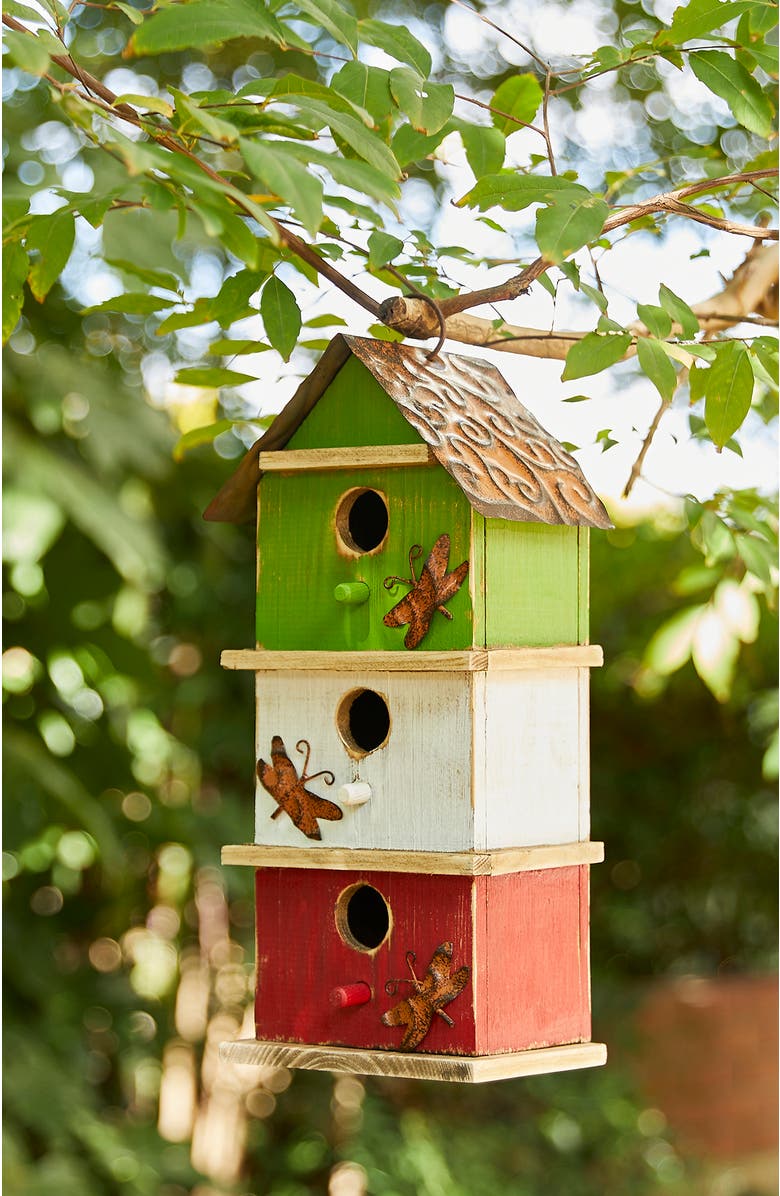 Glitzhome 13.75"H Multicolored Three-Tiered Distressed Solid Wood Birdhouse, Alternate, color, Green