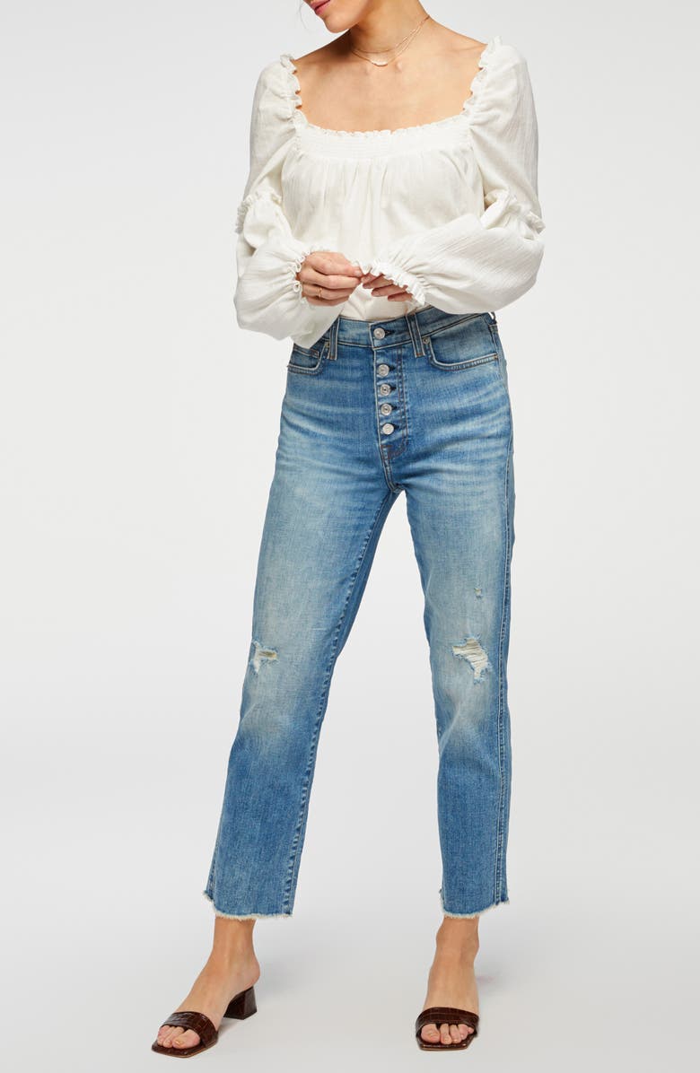 7 For All Mankind Distressed High Waist Exposed Button Fly Crop Jeans, Alternate, color, 