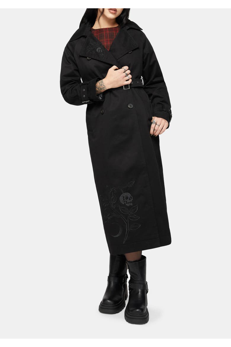 Poe Embroidered Trench Coat, Main, color, Black