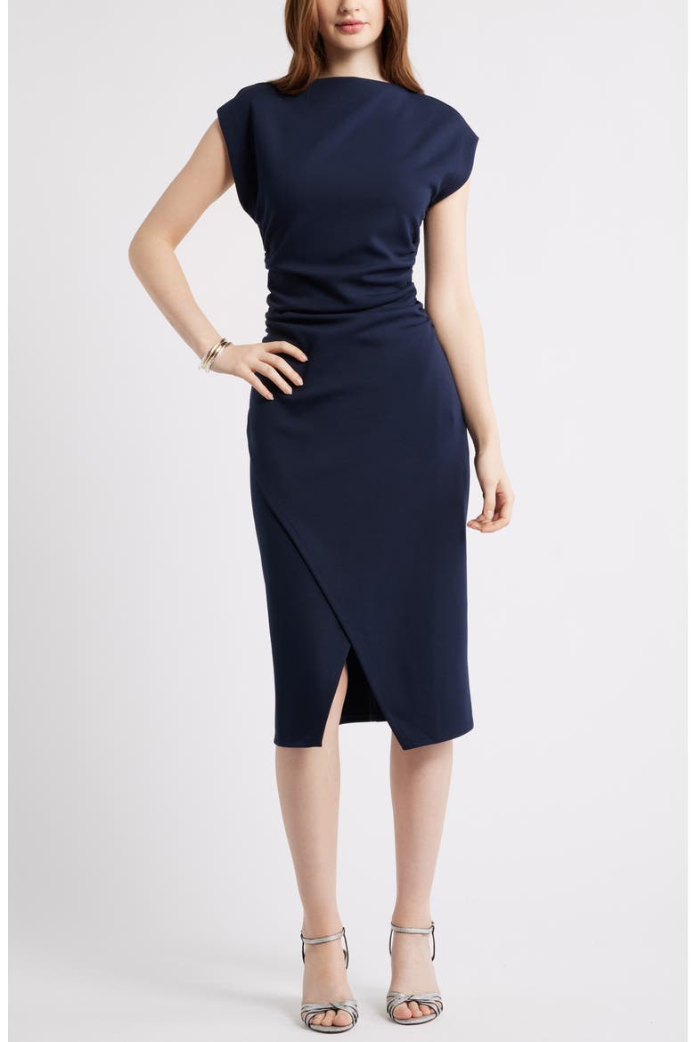Ruched Funnel Neck Midi Dress, Main, color, NAVY NIGHT