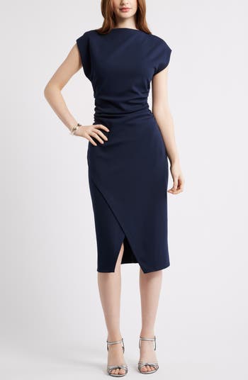 Ruched Funnel Neck Midi Dress