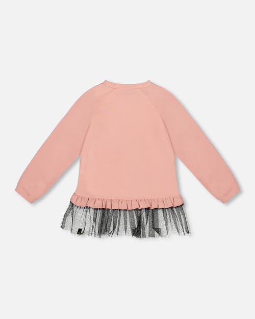 Deux Par Deux Long Bi-material Top With Mesh Ruffle Hem And Leopard In Pink