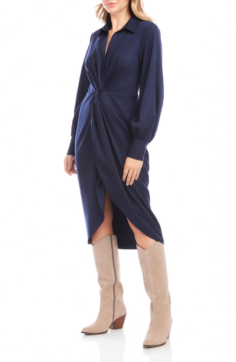 Karen Kane Savannah Twist Front Long Sleeve Sateen Midi Dress, Alternate, color, Navy