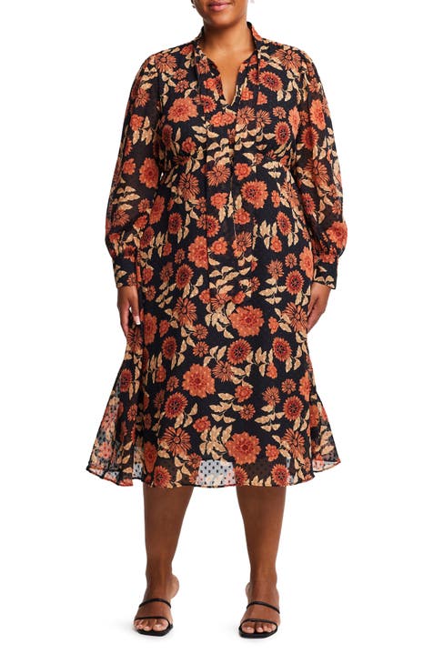 Autumnal Garden Long Sleeve Midi Dress (Plus)