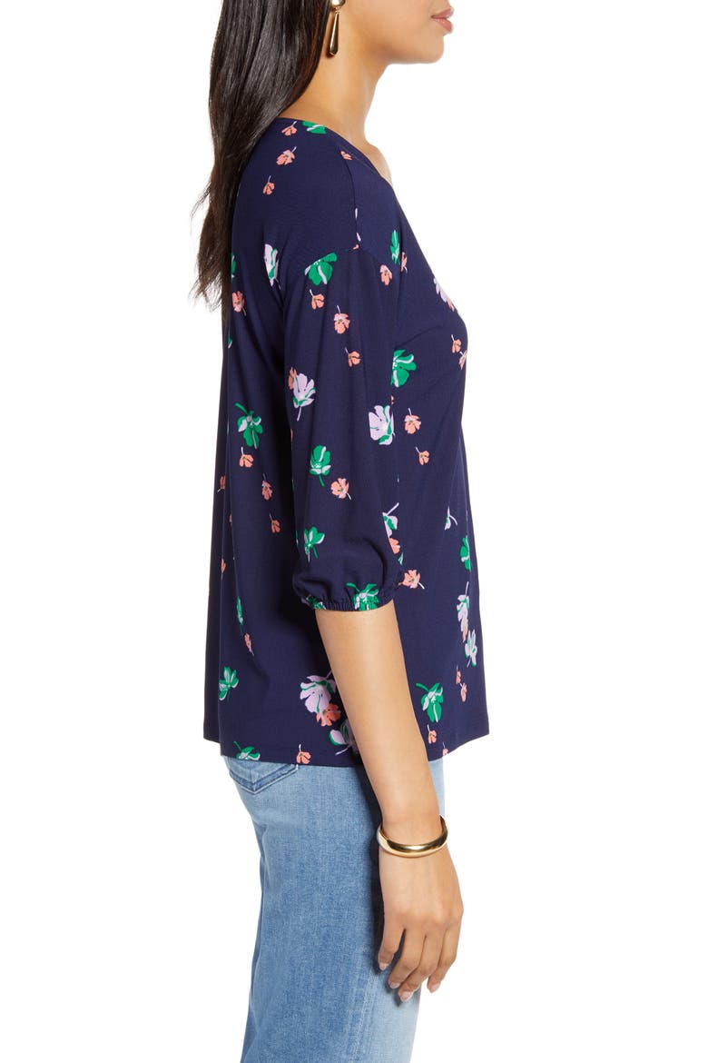 V-Neck Puff Sleeve Knit Top, Alternate, color, NAVY P DISTANT FLORAL