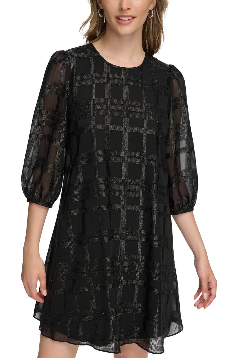 Metallic Plaid Chiffon Trapeze Dress, Alternate, color, BLACK