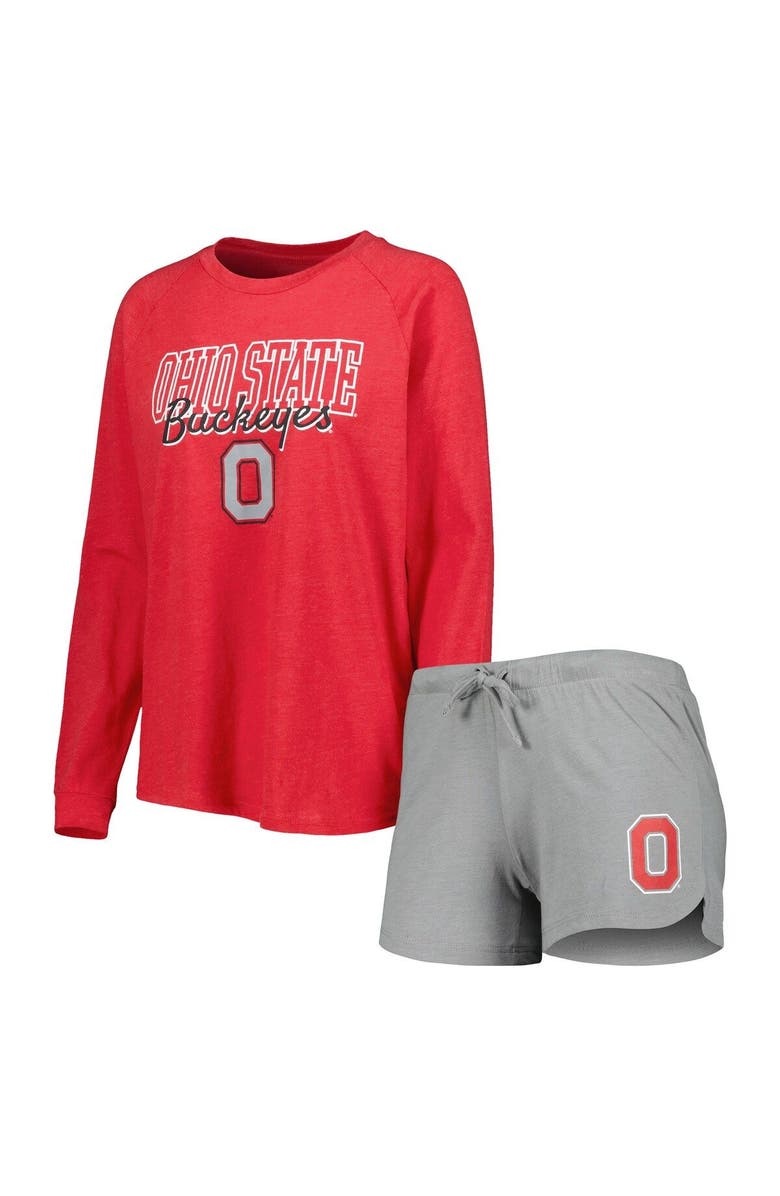 CONCEPTS SPORT Women's Concepts Sport Scarlet/Gray Ohio State Buckeyes Raglan Long Sleeve T-Shirt & Shorts Sleep Set, Main, color, 