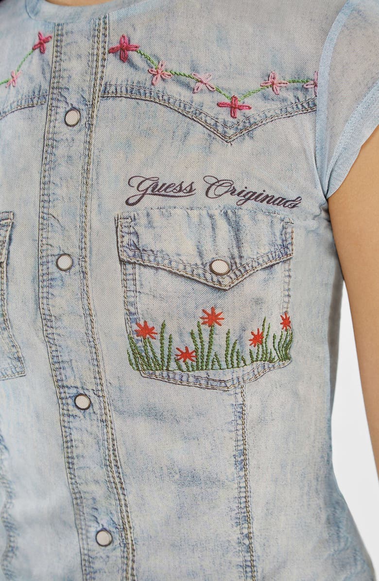 GUESS Studded Denim Trompe l'Oeil Mesh Graphic T-Shirt, Alternate, color, 