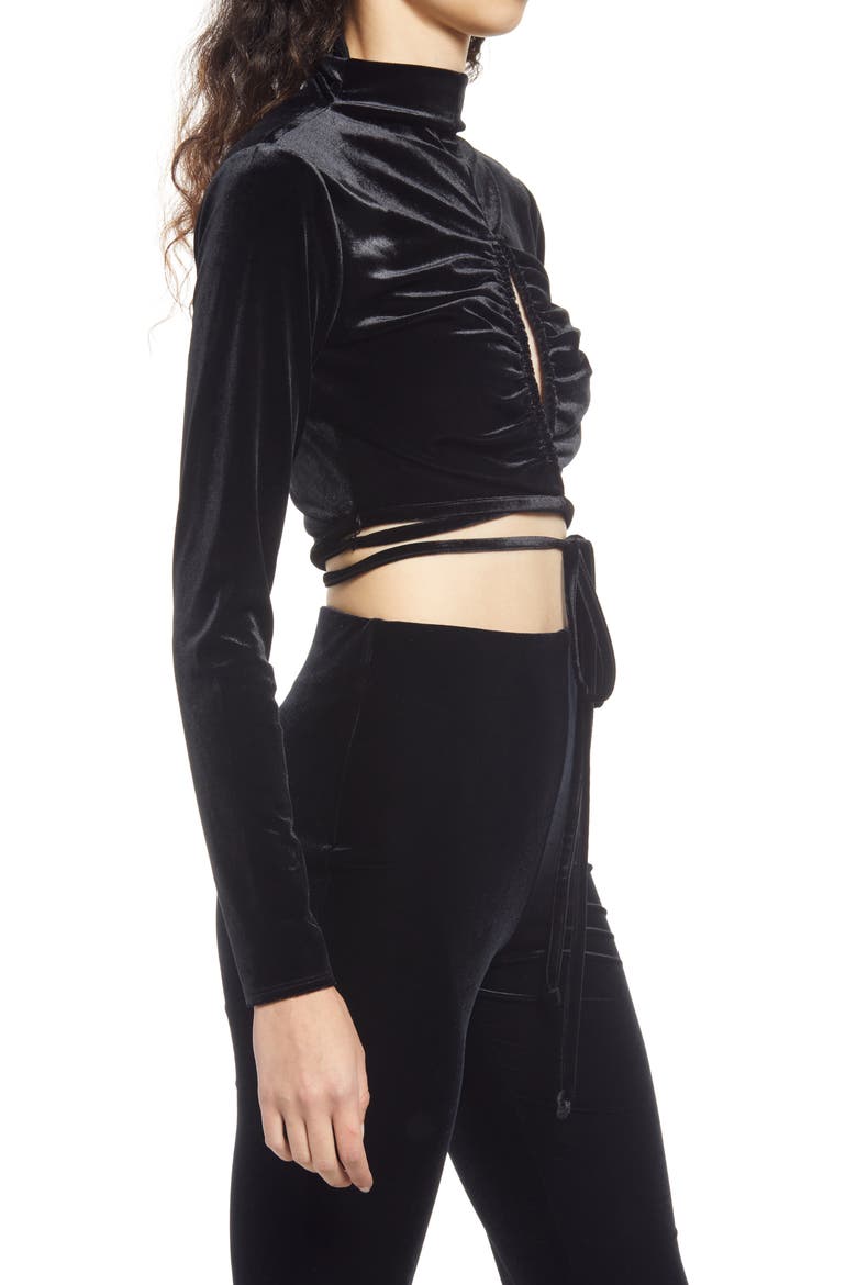 Velour Tie Front Crop Top, Alternate, color, BLACK