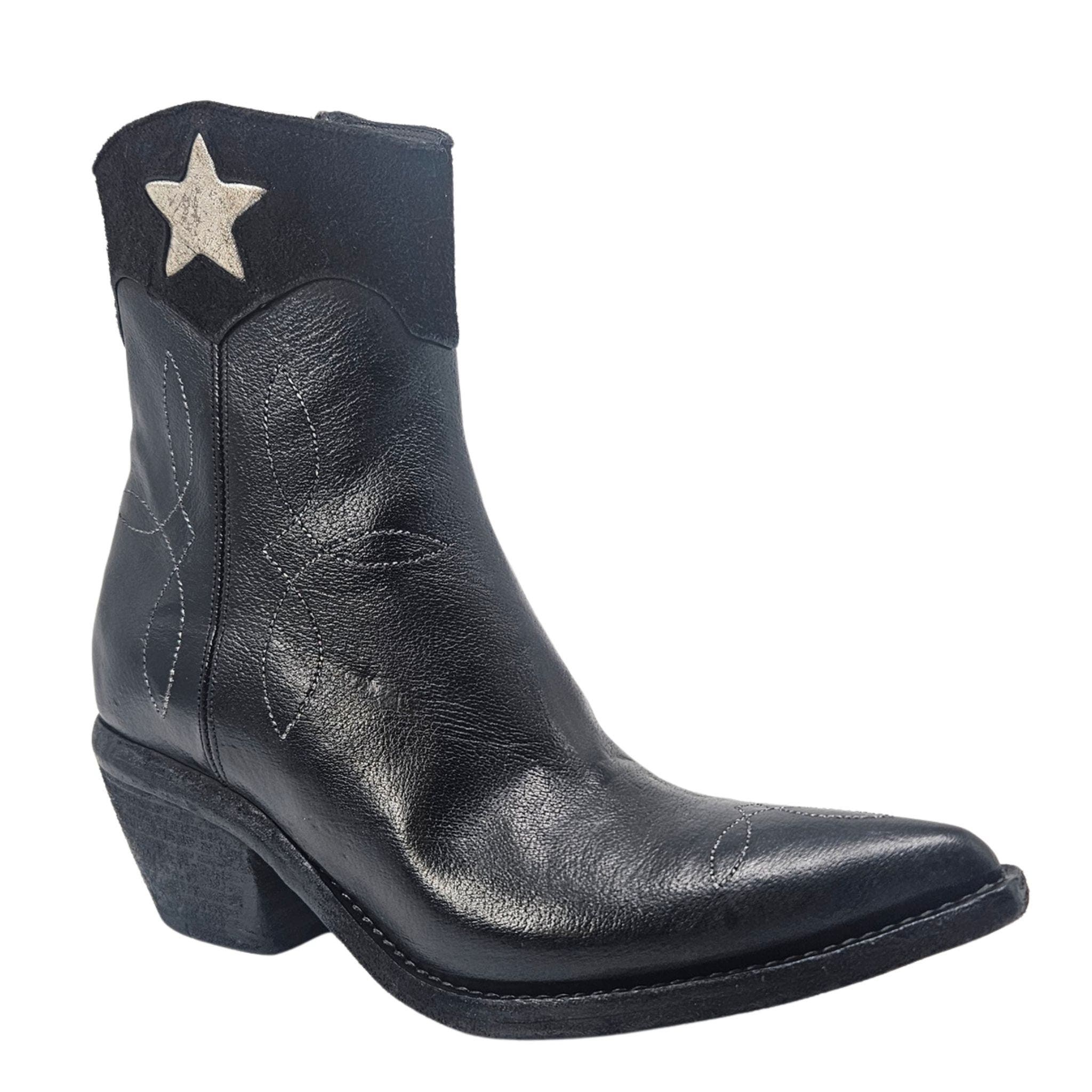 Cowboy Pointy Toe Star Ankle Boots, Alternate, color, black