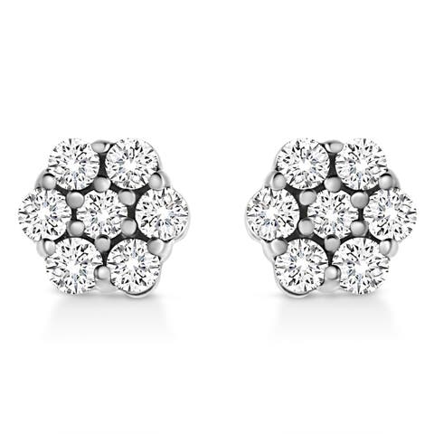 14K White Gold 1/2 Ct Prong RoundDiamond Flower Stud Earring