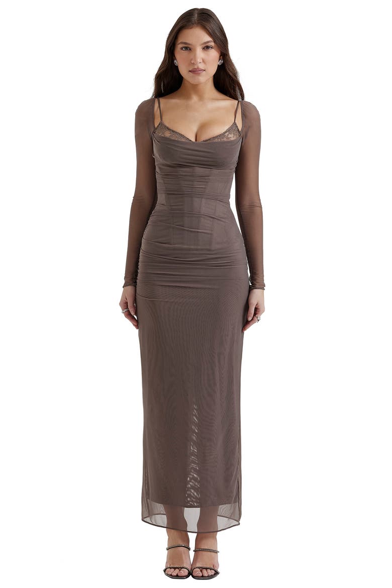 Katrina Lace Mesh Long Sleeve Gown, Alternate, color, PEBBLE GREY