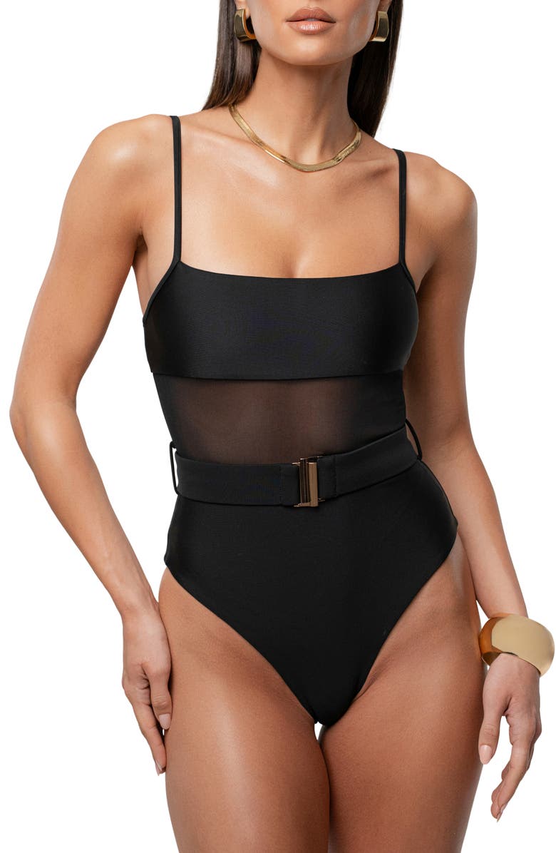 JLUXLABEL Solare Mesh Belted One-Piece Swimsuit, Main, color, Black