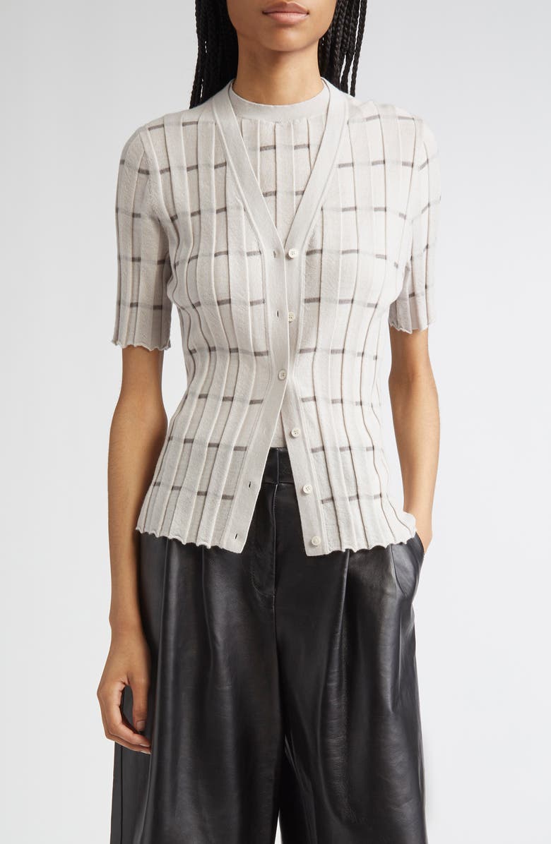 Lafayette 148 New York Plaited Stripe Cashmere Rib Cardigan, Main, color, Pearl Multi