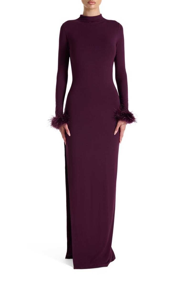 Naked Wardrobe Fine Feathers Long Sleeve Body-Con Maxi Dress, Main, color, Dark Plum