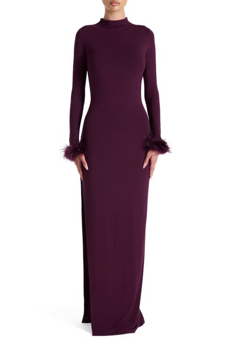 Fine Feathers Long Sleeve Body-Con Maxi Dress