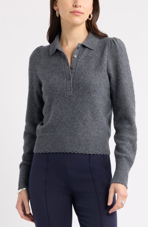 Puff Shoulder Wool & Cashmere Polo Sweater