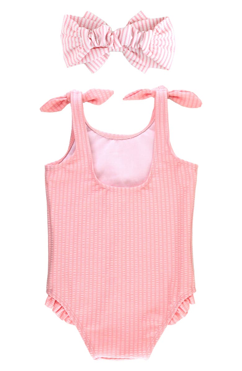 RuffleButts Kids' Seersucker One-Piece Swimsuit & Headband Set, Alternate, color, Pink
